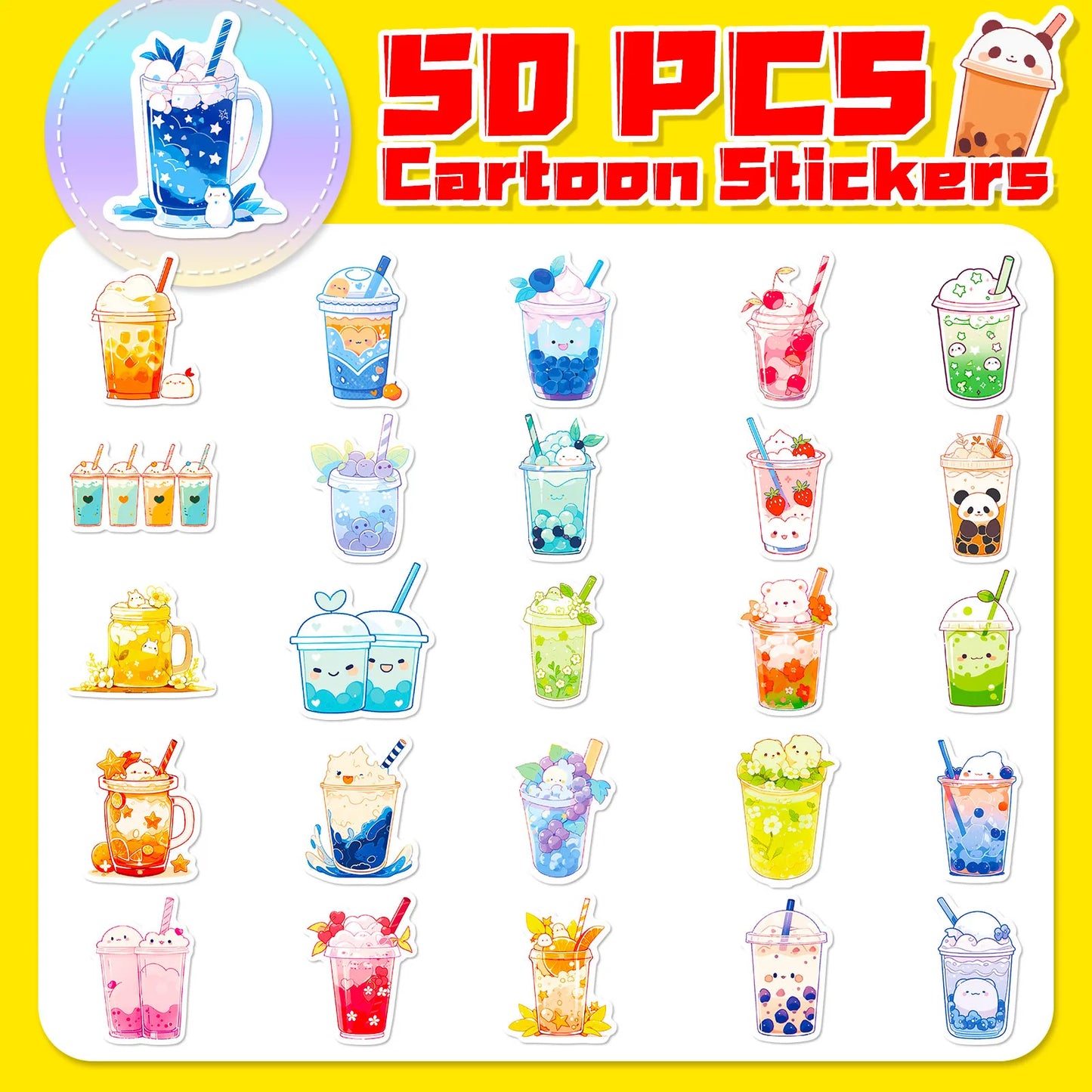 50PCS Cute Pearl Milk Tea Cartoon  Graffiti Stickers DIY Phone Guitar Laptop Notebook Suitcase Cup Waterproof Sticker Kids Toy