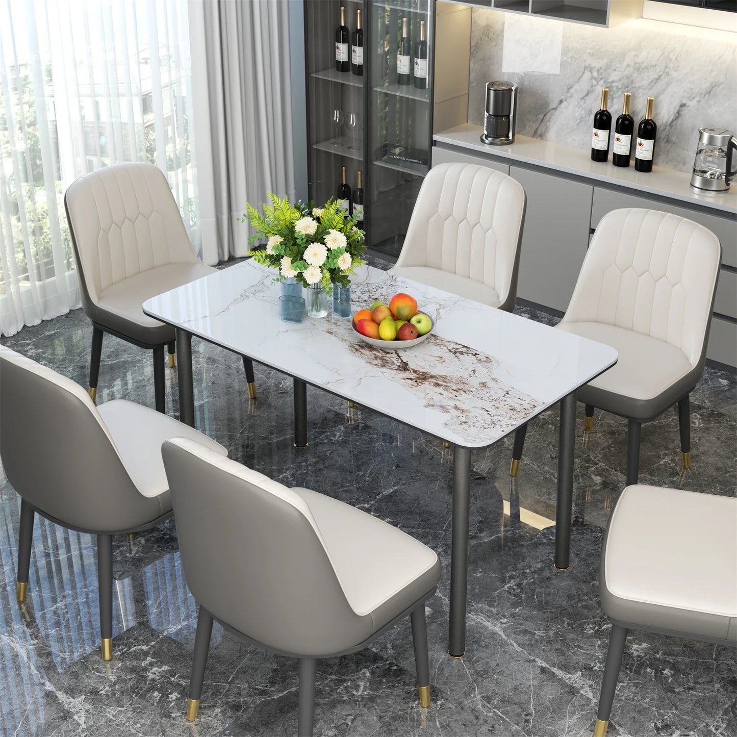 Ink Texture Sintered Stone & Glass Top Kitchen Dining Table No Chairs Rectangle Slate Dinner Table for Restaurant Cafe 1.4/1.6M