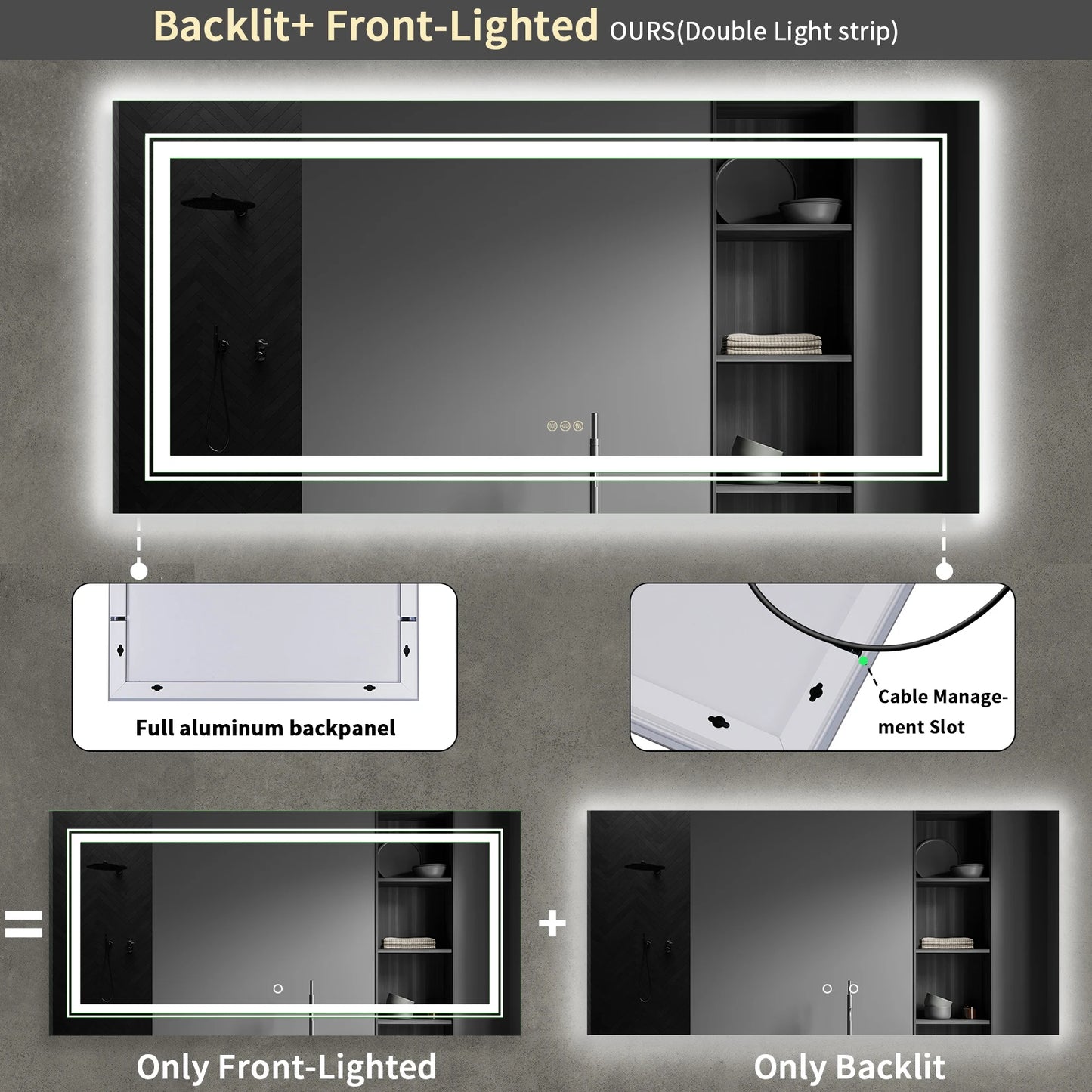 Jumbo-Large Illuminated LED Bathroom Mirror, Front and Backlit Lights, Wall Mounted, Touch Anti-fog Vanity Mirror