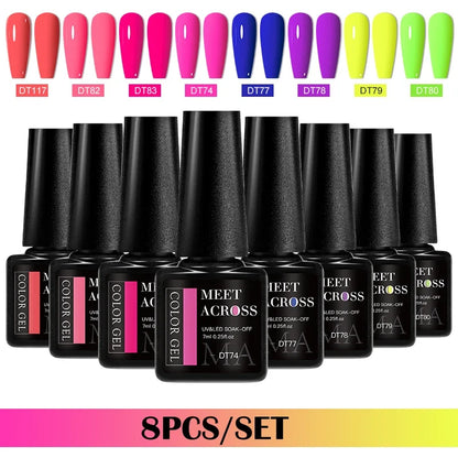 MEET ACROSS 8-teiliges Gel-Nagellack-Set für alle Jahreszeiten, Neon-Marcaron-Grün-Rot-Serie, UV-Gel-Lack-Maniküre-Set, Nagelzubehör