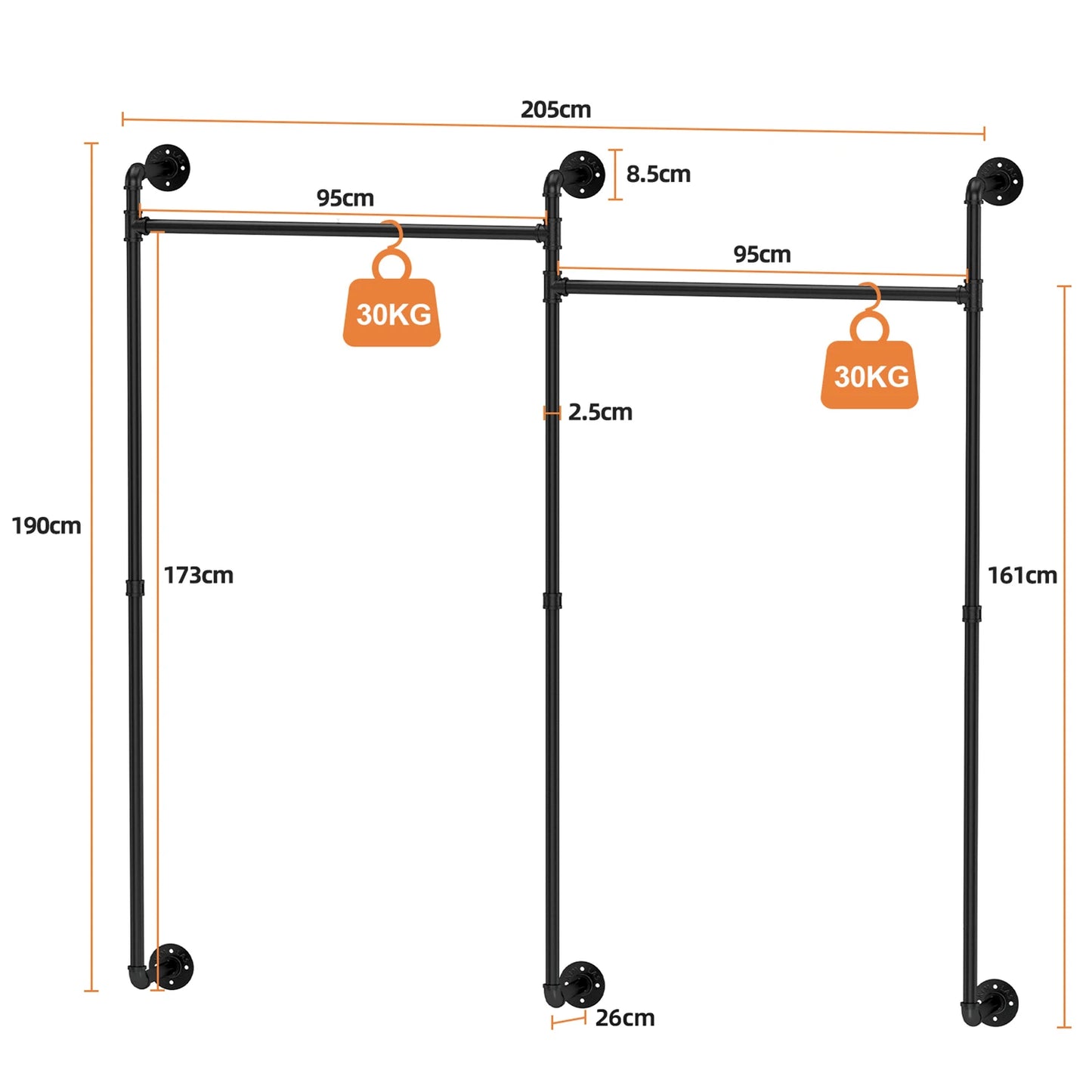 80.7 Inch Long Industrial Pipe Clothes Rack Double Clothes Rail Loft Residential Tidy Wardrobe Wall Clothing Hanging Rack