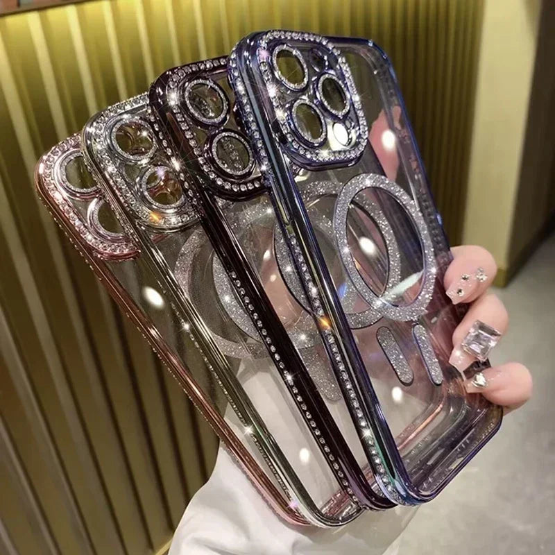New Fashion Glitter Diamond Transparent Case For iPhone 16 15 14 13 17 12 Pro Max 16 Plus Magnetic Wireless Charge Bumper Cover