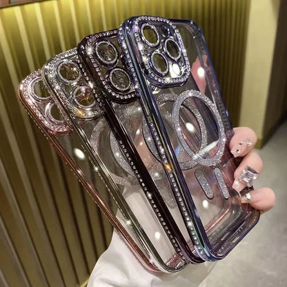 New Fashion Glitter Diamond Transparent Case For iPhone 16 15 14 13 17 12 Pro Max 16 Plus Magnetic Wireless Charge Bumper Cover