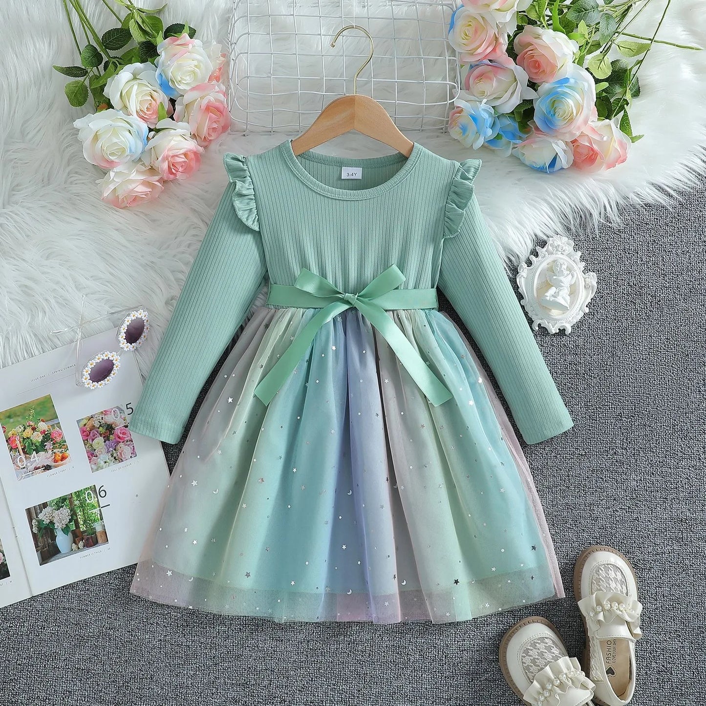 Girls Dress Blue Autumn Princess Dress Kids Clothes Birthday Party Dress Pink Long-sleeved for Children Fashion Rainbow 1-6Y