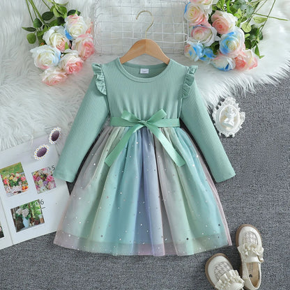 Girls Dress Blue Autumn Princess Dress Kids Clothes Birthday Party Dress Pink Long-sleeved for Children Fashion Rainbow 1-6Y