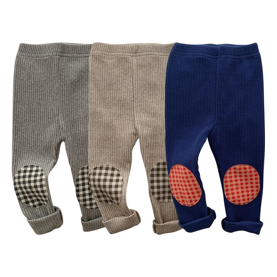 Kids Colorful Plaid Patched Feature Design Cute Warm Long Leggings Suitable Little Baby Trendy and Comfortable Clothing Matching