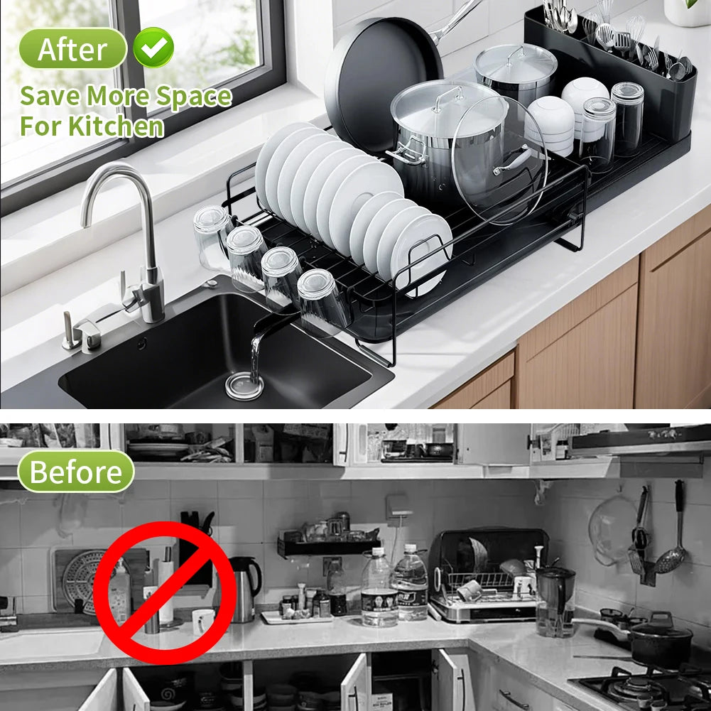 Dish Drainer Rack - Extendable Dish Drainer, Multifunctional Anti-Rust Dish Rack for Kitchen Counter, with Cutlery & Cup Holders