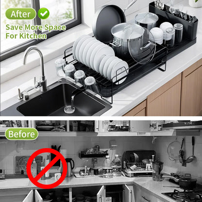 Dish Drainer Rack - Extendable Dish Drainer, Multifunctional Anti-Rust Dish Rack for Kitchen Counter, with Cutlery & Cup Holders