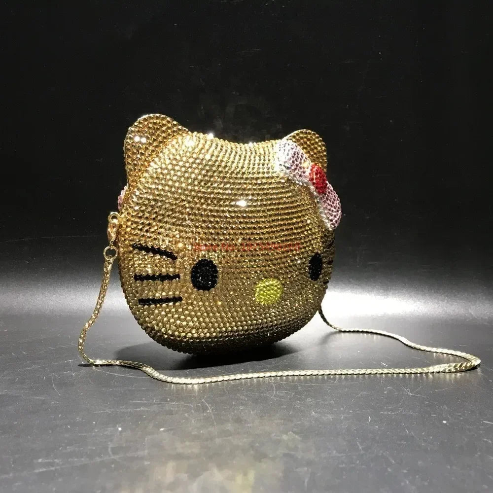 Hello Kitty Anime Cartoon Shape Rhinestone Cartoon Full Of Diamonds Dinner Bag Handmade Diamond-set Lady's Clutch Christmas Gift