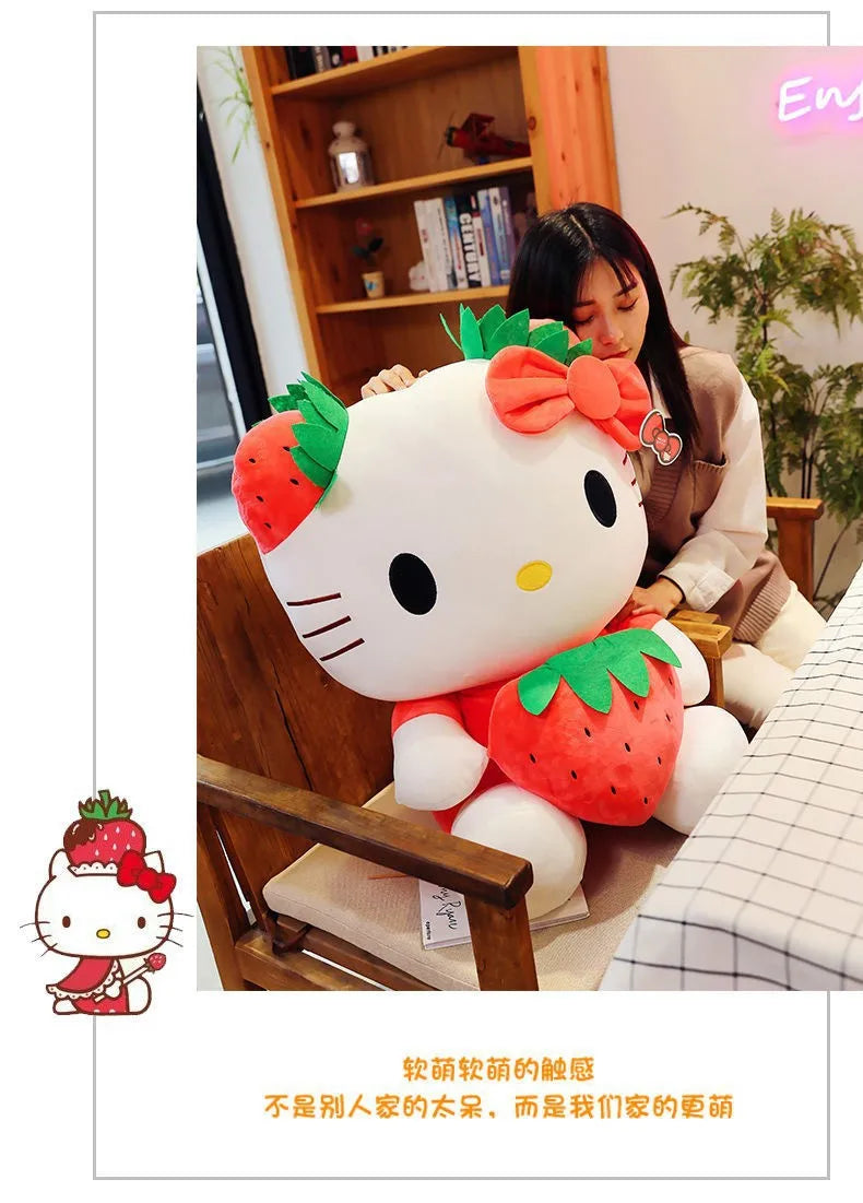 Kawaii Sanrio Hello Kitty Plush Stuffed Toy Strawberry KT Cat Pillow Doll Children's Birthday Gift Home Decoration Animal Doll