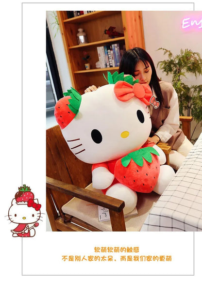 Kawaii Sanrio Hello Kitty Plush Stuffed Toy Strawberry KT Cat Pillow Doll Children's Birthday Gift Home Decoration Animal Doll
