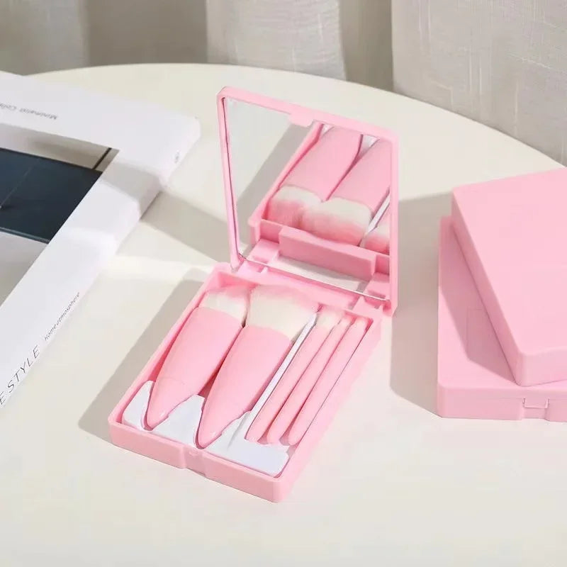 5pcs Mini Makeup Brush Set with Mirror - Multifunctional Travel Cosmetic Brushes, Unscented, Palm Brush Design Makeup Tools