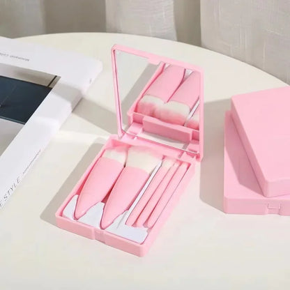 5pcs Mini Makeup Brush Set with Mirror - Multifunctional Travel Cosmetic Brushes, Unscented, Palm Brush Design Makeup Tools