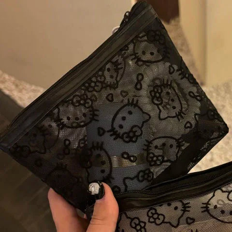 Sanrio Mesh Hello Kitty Black and White Pencil Case Zero Wallet Headphone Bag Girl's Portable Makeup Brush Storage Bag Gift