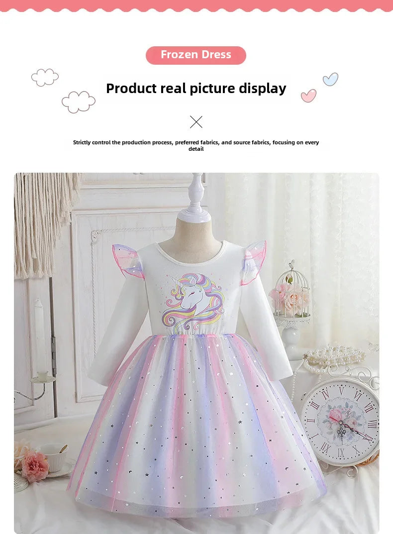 2024 Girls Long Sleeve Unicorn Birthday Dress Casual Children's Wear Rainbow Princess Skirt Sequins Mesh Gown
