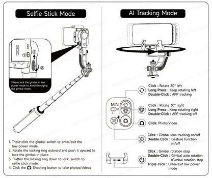 C22 AI Face Tracking Handheld Gimbal Stabiliser 360° Rotation Shoot Selfie Stick Tripod for Mobile Phone, 1/4'' Screw for Camera