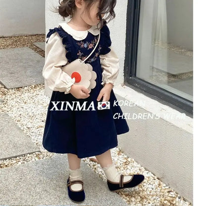 Girls Embroidered Corduroy Dress Set - Premium 2-Piece Doll Collar Shirt & Strap Skirt Outfit