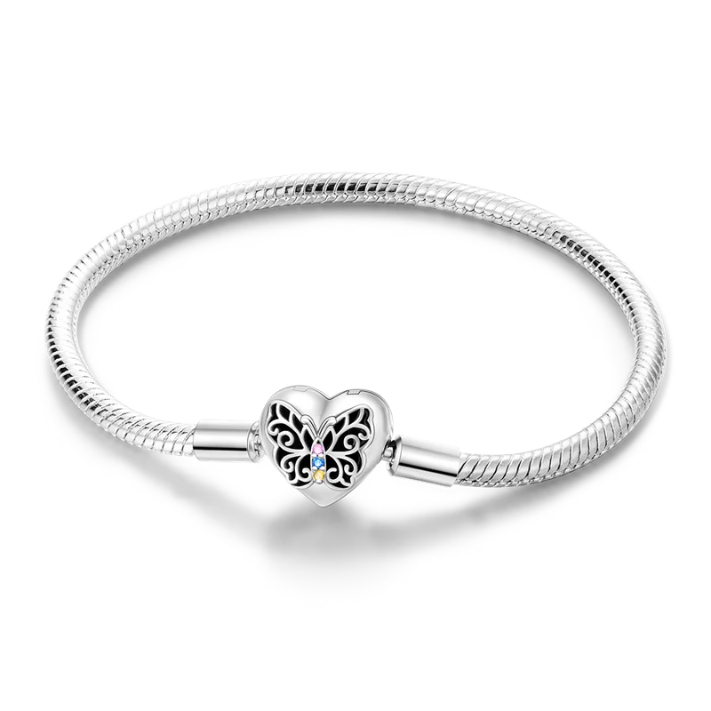 925 Sterling Silver Charm Bracelet - Leaf, Clover, Butterfly & Heart Design | 17-20cm Adjustable