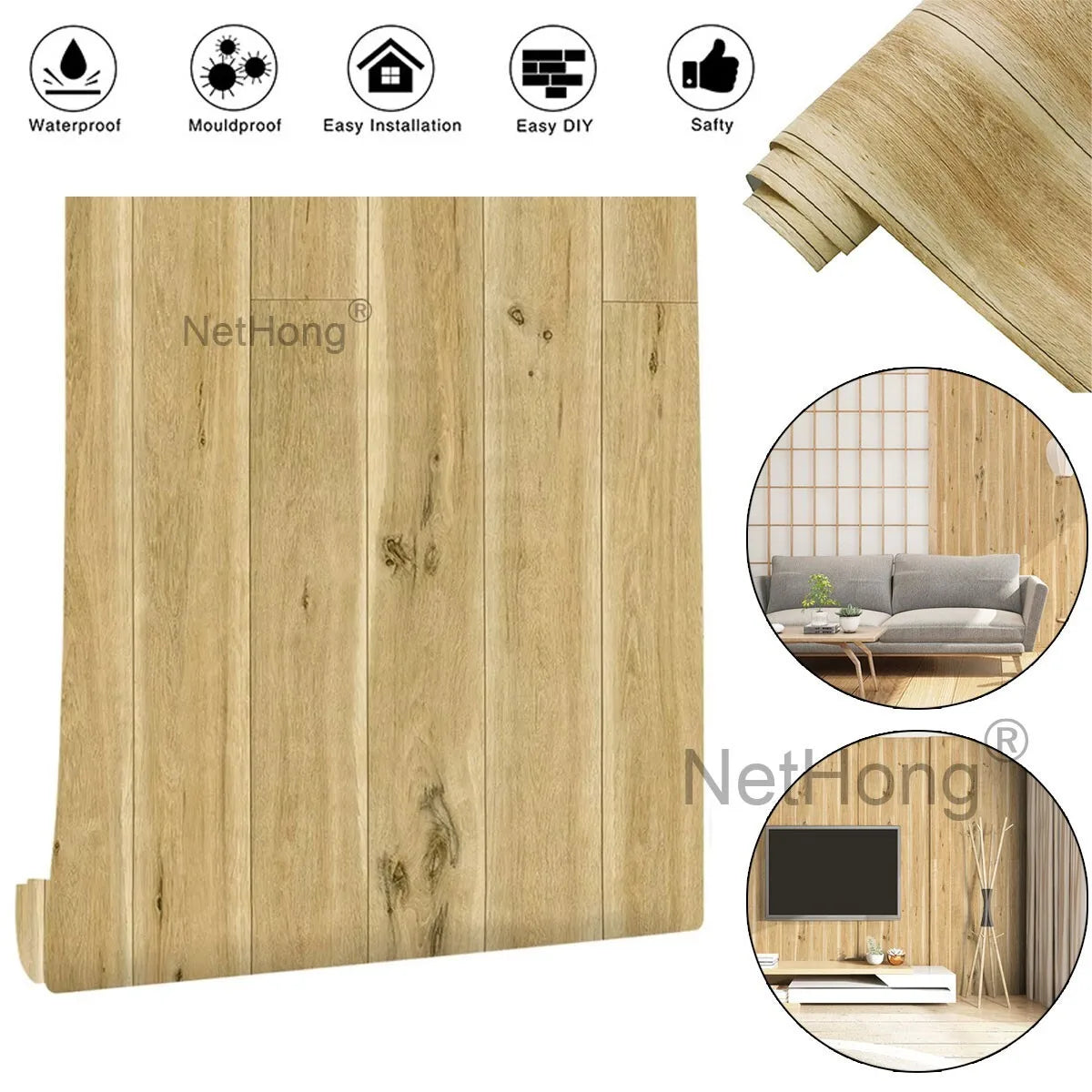 6M 3D Dark Yellow Boards Effect Wallpaper Vinyl Self Adhesive Wall Stickers