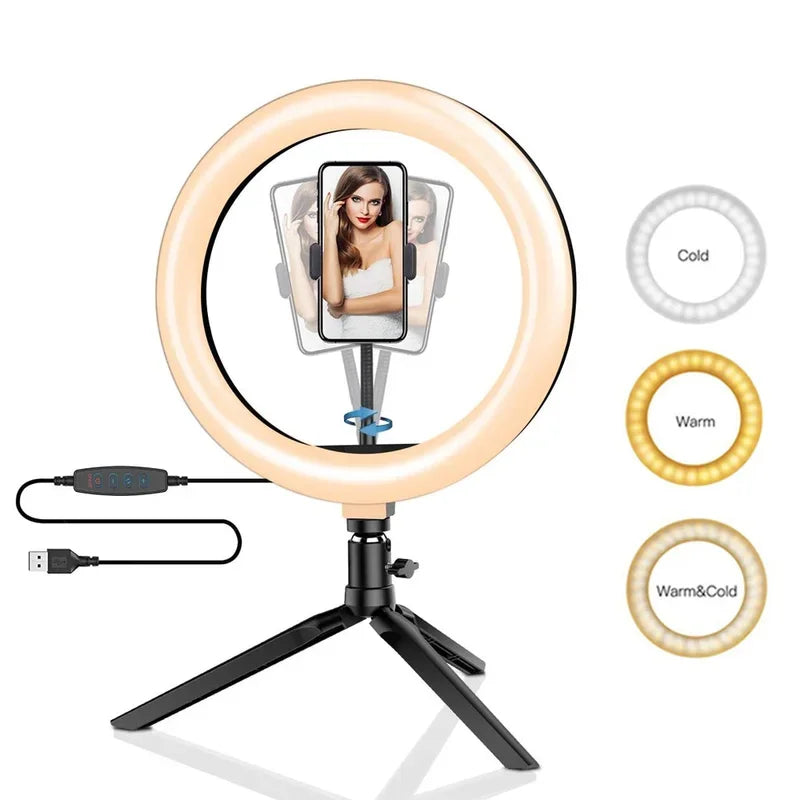 10" 26cm Dimmable LED Ring Light Kit with Tripod – 120 Beads USB Selfie & Live Streaming Lamp for Photography, Video & Makeup