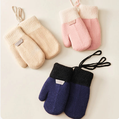Anti Cold Warm Ski Gloves Kids Thicken Velvet Hanging Neck Mittens 1-4year Boy Girl Plush Hand Covers Children Woolen Knit Glove