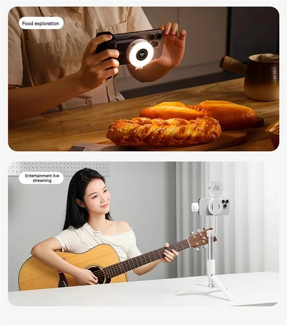 2in1 For Travel, Desktop, Selfies, Video, Makeup Portable Foldable Magnetic Rechargeable Ring Fill Light Phone Holder Perfect
