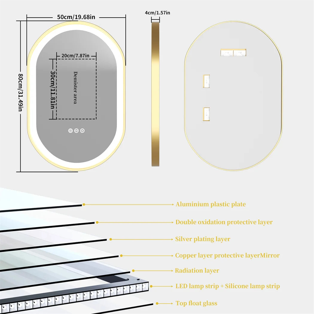 LUVODI Luxury Oval Led Illuminated Bathroom Mirror Gold Aluminum Frame with Demister Pad