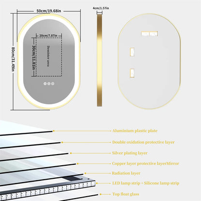 LUVODI Luxury Oval Led Illuminated Bathroom Mirror Gold Aluminum Frame with Demister Pad