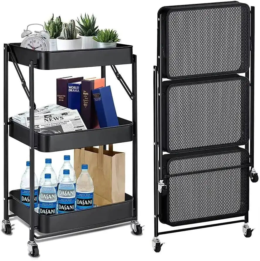 3 Tier Metal Folding Trolley Cart Storage Rack Rolling Shelf Beauty Office Wheel