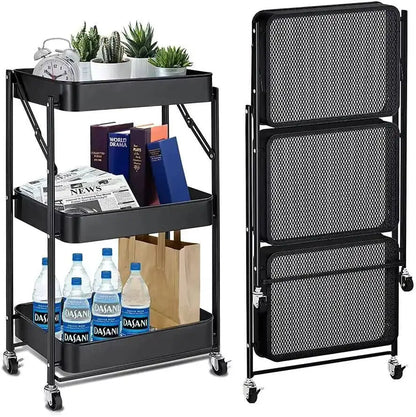 3 Tier Metal Folding Trolley Cart Storage Rack Rolling Shelf Beauty Office Wheel