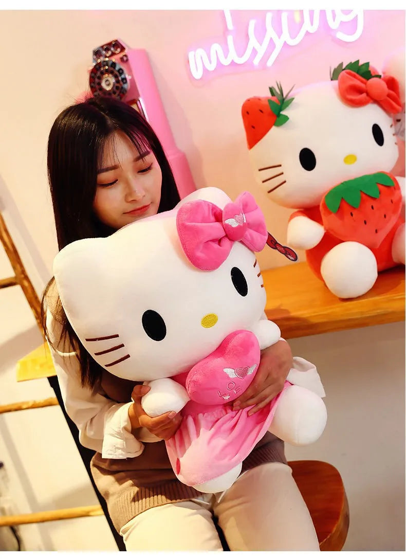 Kawaii Sanrio Hello Kitty Plush Stuffed Toy Strawberry KT Cat Pillow Doll Children's Birthday Gift Home Decoration Animal Doll