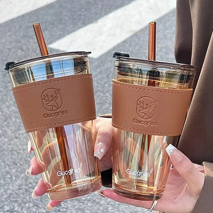 450ML High Beauty Wind Bamboo Glass Cup Summer Straw Large Capacity Women's Straw Cup