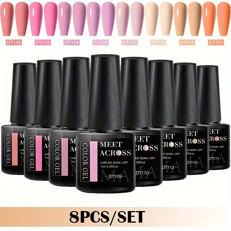 MEET ACROSS 8-teiliges Gel-Nagellack-Set für alle Jahreszeiten, Neon-Marcaron-Grün-Rot-Serie, UV-Gel-Lack-Maniküre-Set, Nagelzubehör