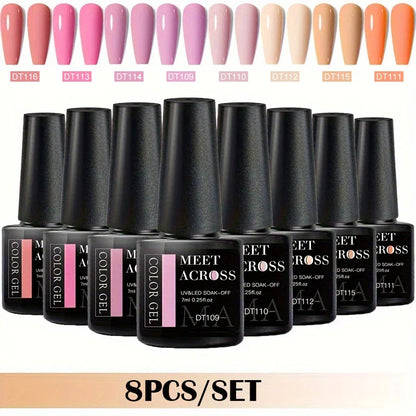 MEET ACROSS 8-teiliges Gel-Nagellack-Set für alle Jahreszeiten, Neon-Marcaron-Grün-Rot-Serie, UV-Gel-Lack-Maniküre-Set, Nagelzubehör