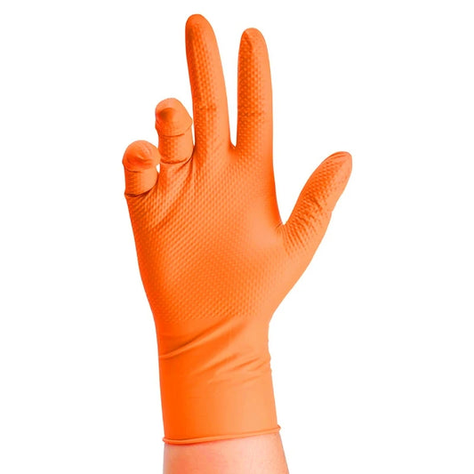 Strapazierfähige orangefarbene Nitrilhandschuhe 8Mil, industrielle Einweghandschuhe mit Rautenstruktur-Griff für Mechanikersicherheit und Arbeitshandschuhe