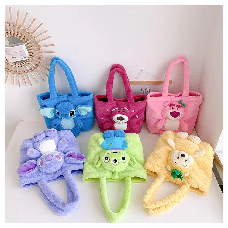 Disney 2025 New Cartoon Plush Doll Shoulder Bag Sweet and Cute Stitch Strawberry Bear Soft Cute Girls Handbag