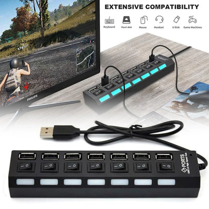 Hochgeschwindigkeits-USB-2.0-Hub mit 7 Ports, Adapter, Multi-USB-Splitter und Mehrfach-Extender mit LED-Lampenschalter für PC und Laptop
