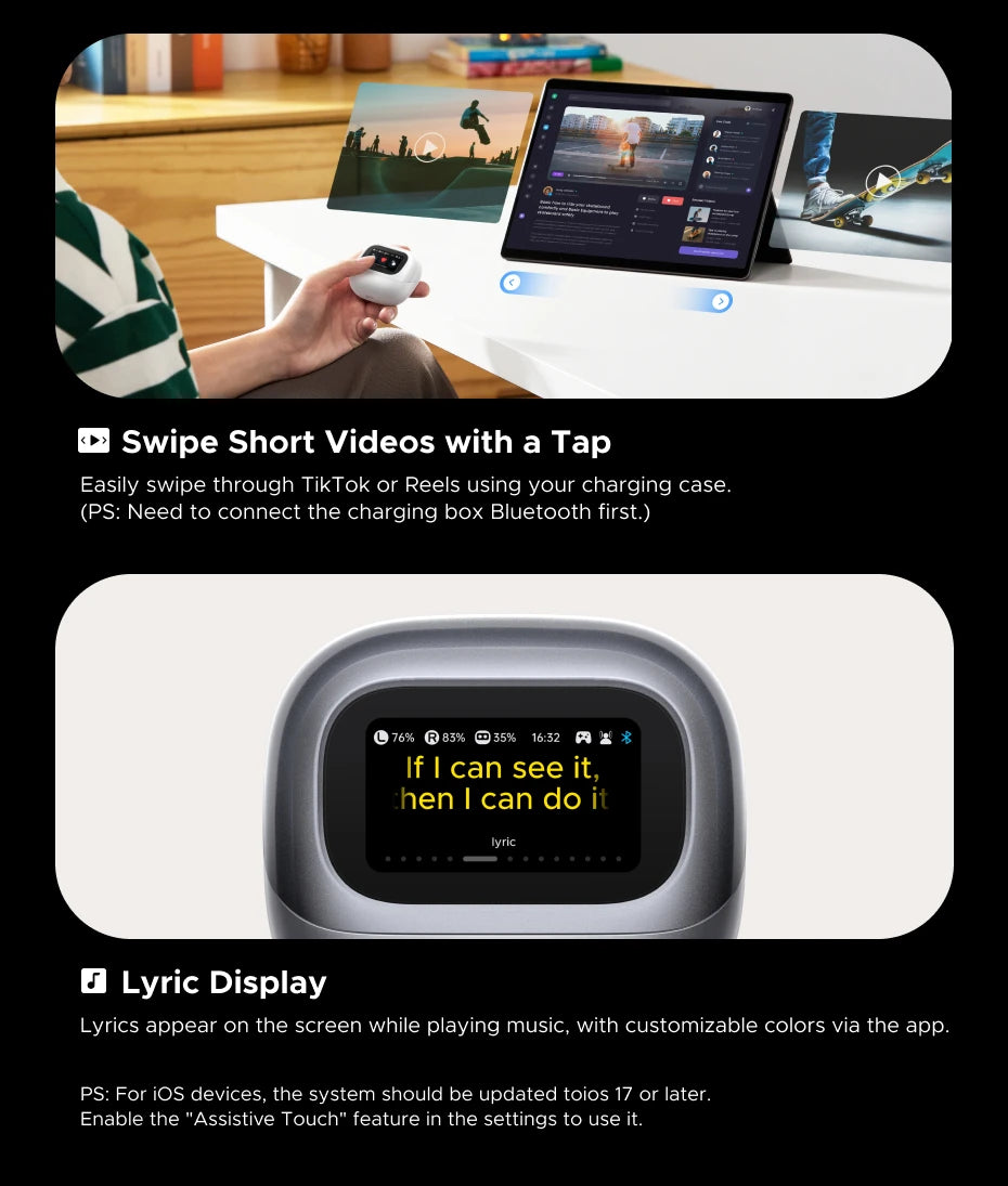 UGREEN Lightbuds Semi-open Adaptive Active Noise Cancellation ANC Wireless Bluetooth Earphones With LCD Full Color Smart Screen