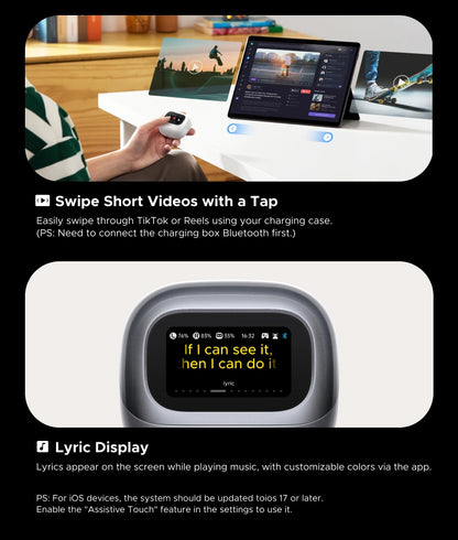 UGREEN Lightbuds Semi-open Adaptive Active Noise Cancellation ANC Wireless Bluetooth Earphones With LCD Full Color Smart Screen