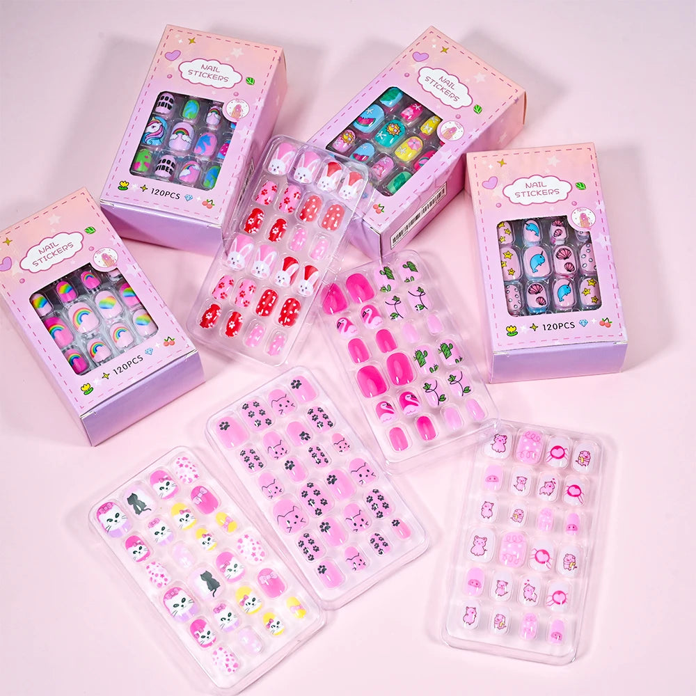 120Pcs Children's Press on Nails Kids Cartoon Acrylic Fake Nails Tips Kawaii Girl Full Cover Short False Nails With Jelly Glue#@