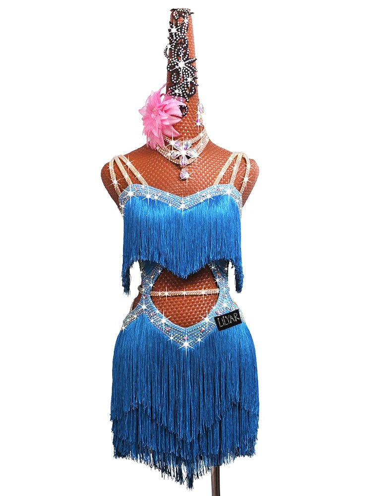 New professional Latin dance competition performance dress with sea blue tassel short open waist sparkling diamond dance skirt