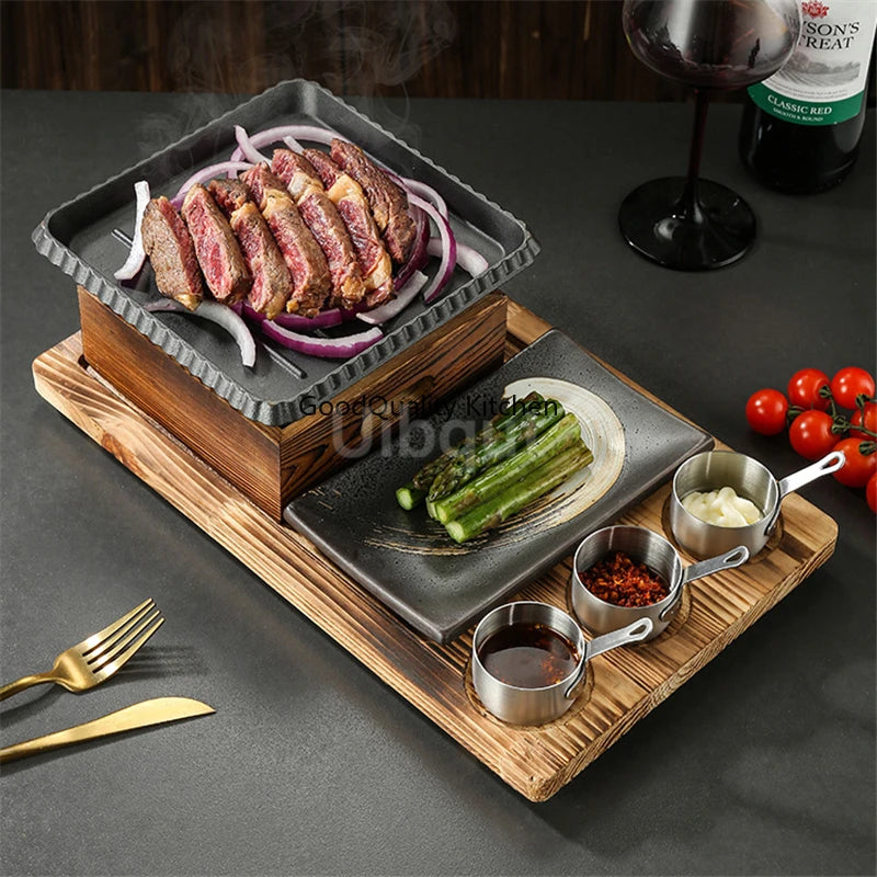 Dining room single and double tableware Cast iron barbecue plate Square alcohol oven baking tray Korean style barbecue stove set