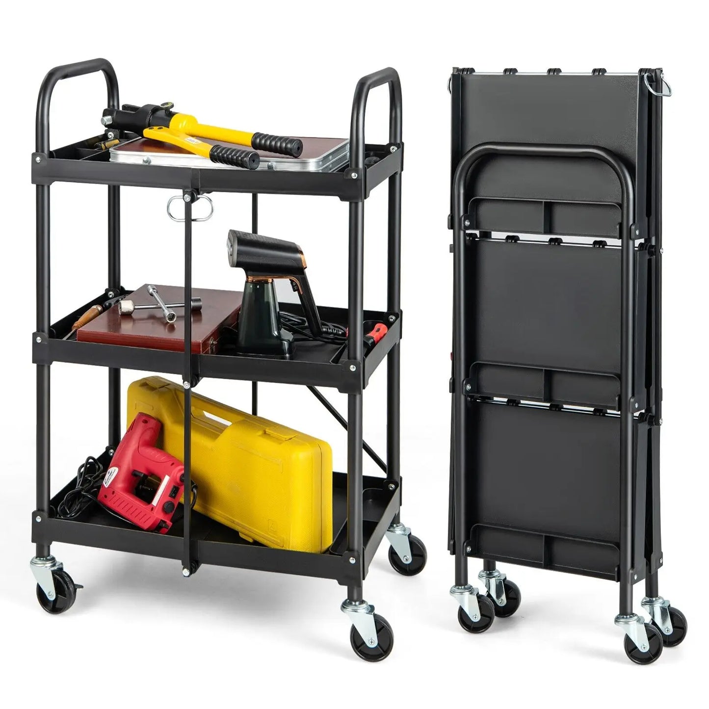 ERGOMASTER 3-Tier Folding Storage Trolley Heavy Duty Tool Cart Rolling Storage Organizer
