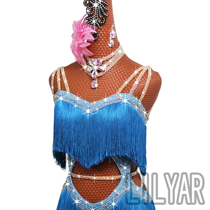 New professional Latin dance competition performance dress with sea blue tassel short open waist sparkling diamond dance skirt