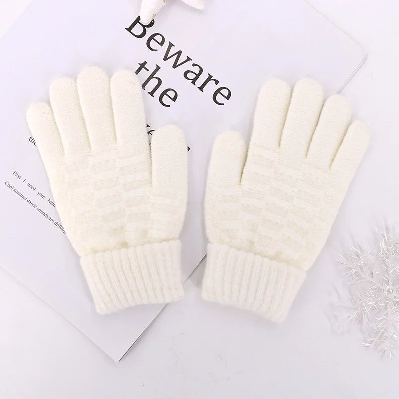 Winter Children Knitted Gloves Thick Woolen Kids Five Fingers Glove 8-15year Boy Girl Baby Hand Warmer Black White Fleece Mitten