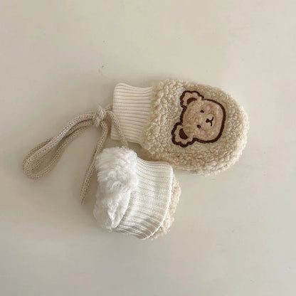 Lamb Fleece Baby Plush Mittens Cute Bear Kids Hanging Neck Glove 1-4Year Boy Girl Children Winter Full Finger Gloves Hand Warmer