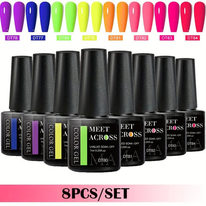 MEET ACROSS 8-teiliges Gel-Nagellack-Set für alle Jahreszeiten, Neon-Marcaron-Grün-Rot-Serie, UV-Gel-Lack-Maniküre-Set, Nagelzubehör