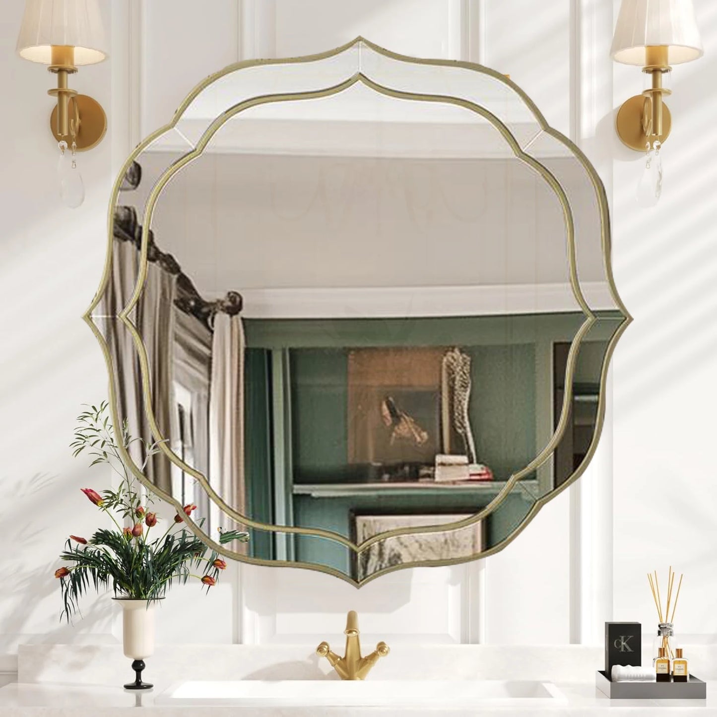 Modern Decorative Wall Mirror with Golden Rim Beveled Frame Silver Glass Acent Venetian Mirror for Bedroom Hallway