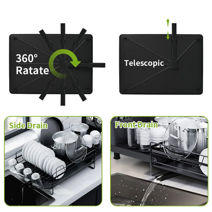 Dish Drainer Rack - Extendable Dish Drainer, Multifunctional Anti-Rust Dish Rack for Kitchen Counter, with Cutlery & Cup Holders