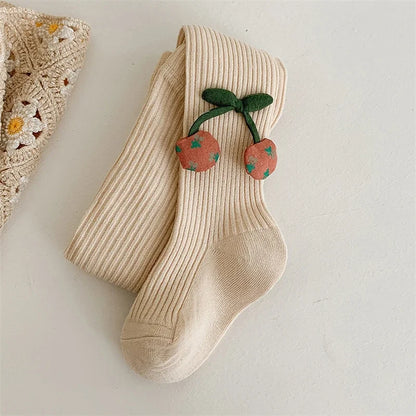 Girls Cotton Tights with Cherry Pattern - Soft Pantyhose for Kids Ages 2-10 Years